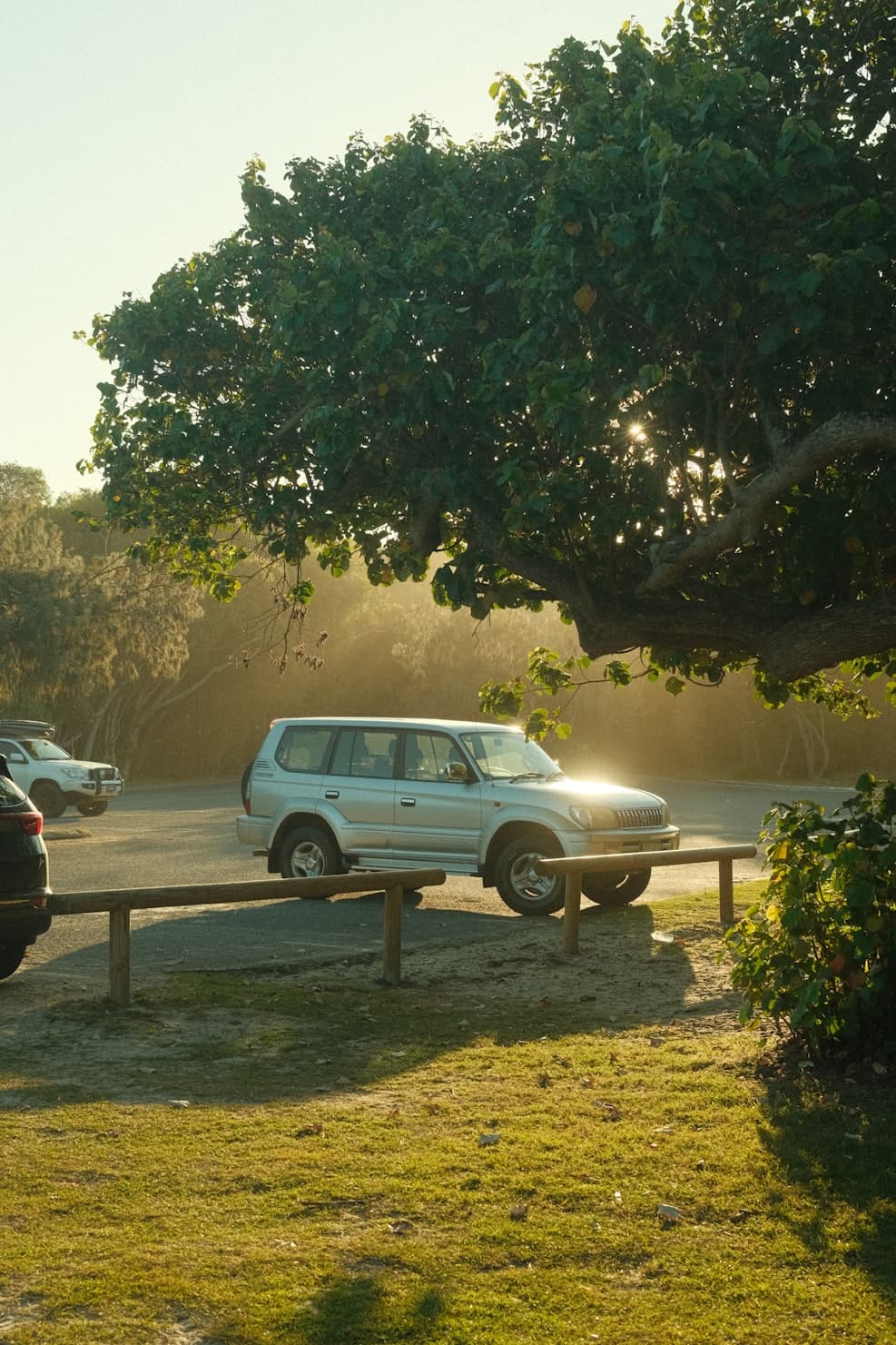 A small blue car on a Sunshine Coast beach at golden hour